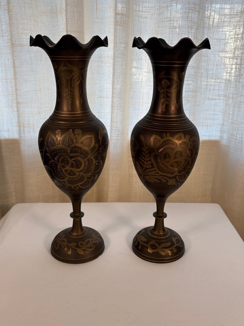 Ornate Brass Floral Metal Vase Pair